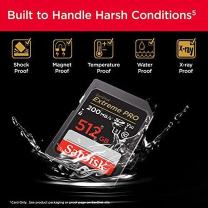 Extreme PRO 512GB SDXC – durability infographic showing shockproof, waterproof and temperature-proof features