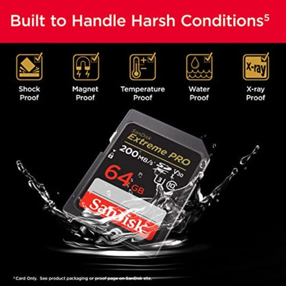 Extreme PRO 64GB SDXC – durability infographic showing shockproof, waterproof and temperature-proof features