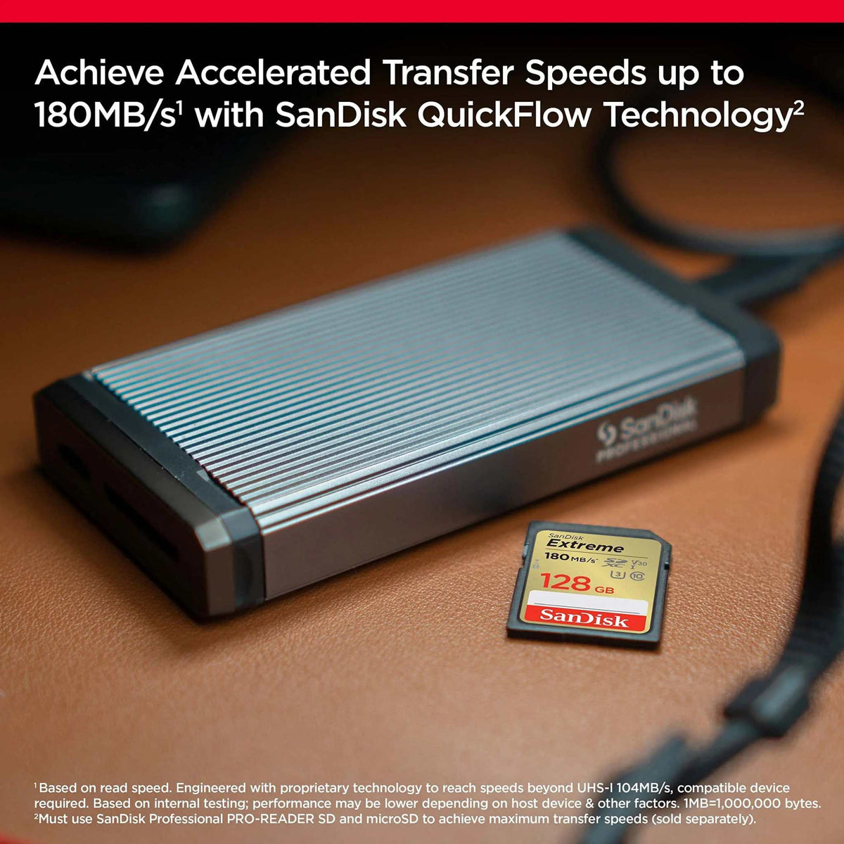 Extreme 128GB SDXC – card beside a SanDisk QuickFlow card reader with transfer speed callout
