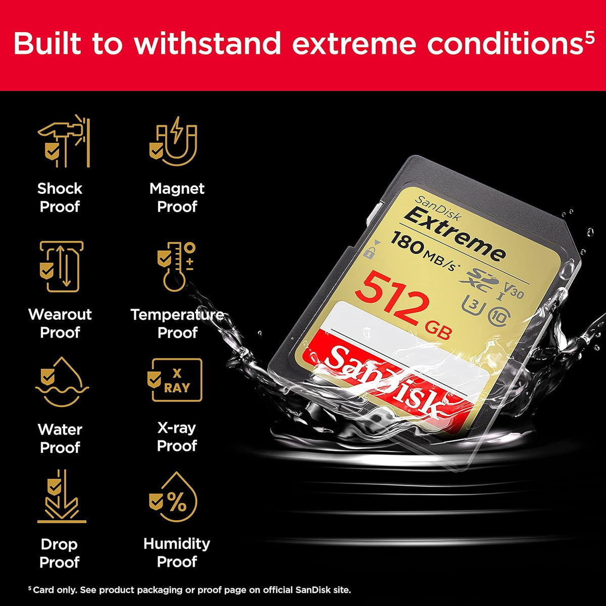 Extreme 512GB SDXC – durability infographic showing shockproof, waterproof and temperature-proof features