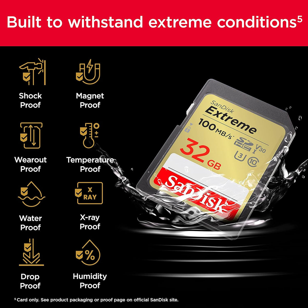 Extreme 32GB SDHC – durability infographic showing shockproof, waterproof and temperature-proof features