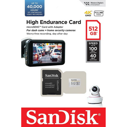 High Endurance 512GB microSDXC – front of retail packaging showing dash cam and home security camera use