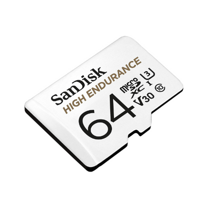 High Endurance 64GB microSDXC – angled view of the card