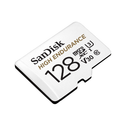 High Endurance 128GB microSDXC – angled view of the card