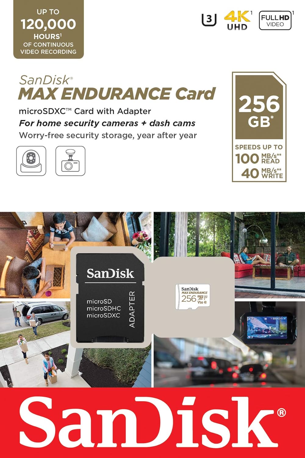 MAX Endurance 256GB microSDXC – front of retail packaging showing home security camera and dash cam use