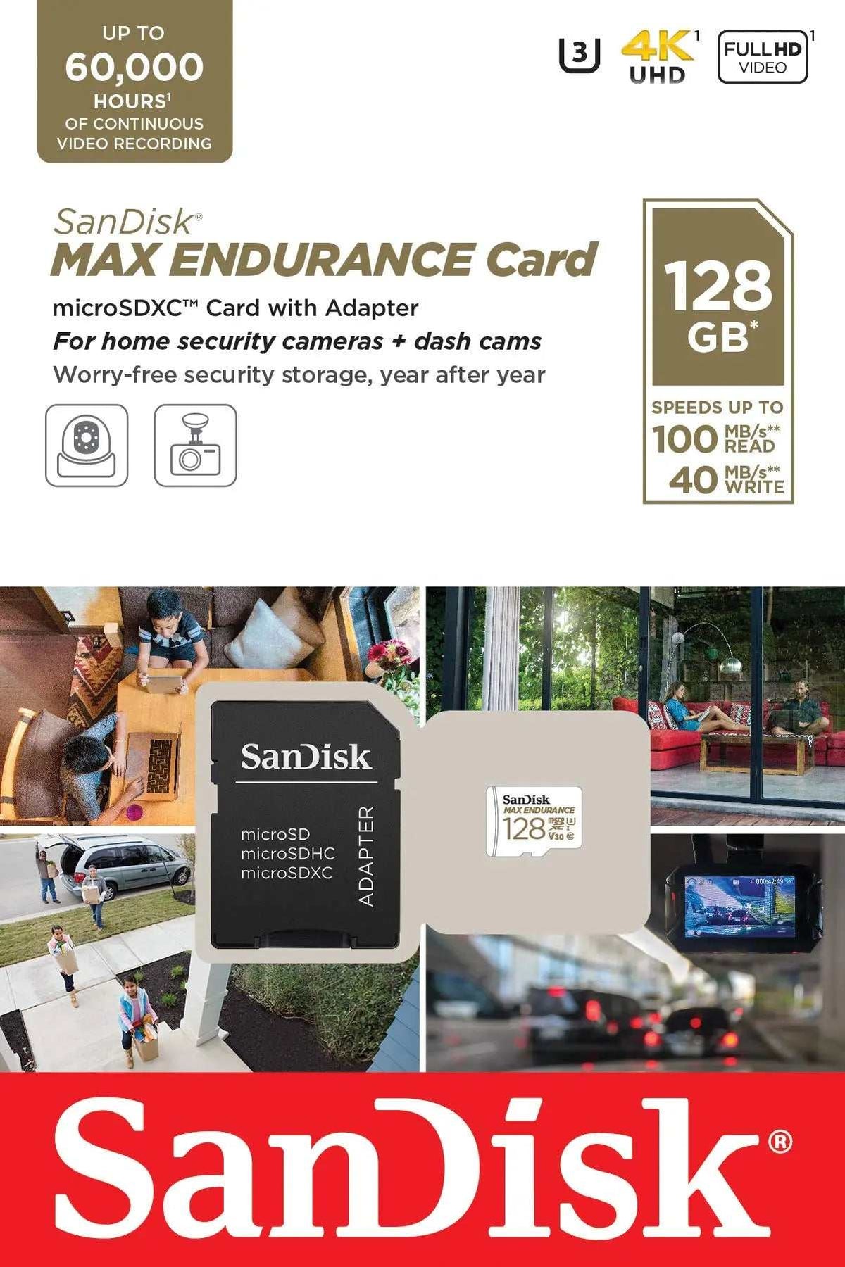 MAX Endurance 128GB microSDXC – front of retail packaging showing home security camera and dash cam use