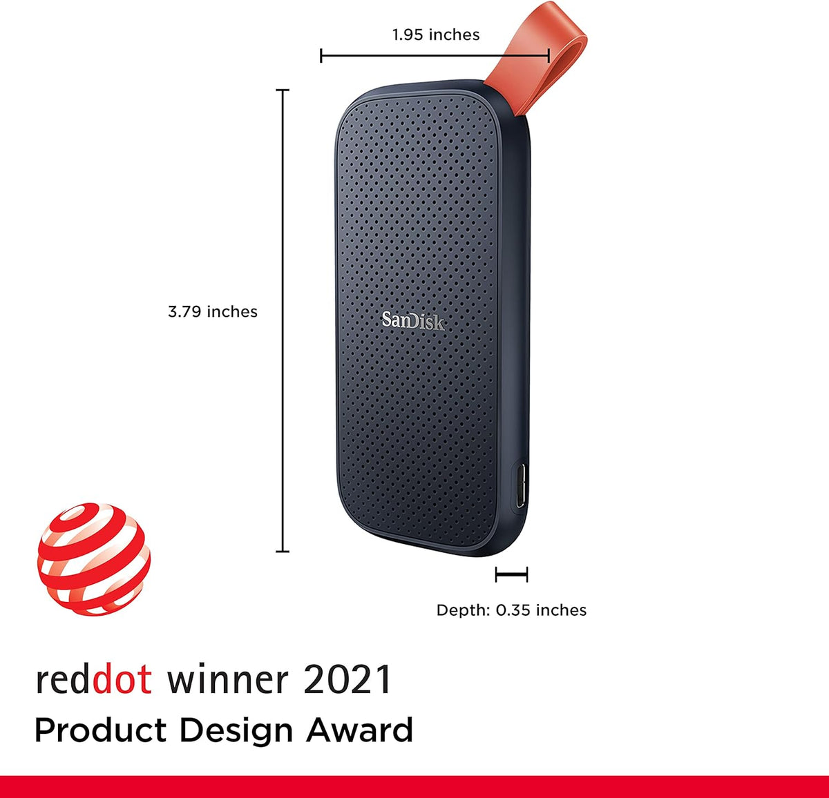 SanDisk portable SSD – drive with dimensions and Red Dot 2021 design award