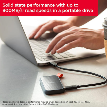 SanDisk portable SSD – drive connected to a laptop with read speed callout