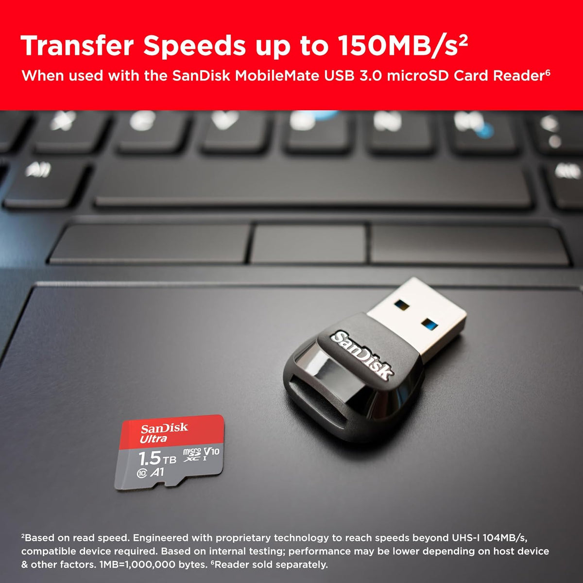 Ultra 1.5TB microSDXC – card beside a MobileMate USB card reader on a laptop