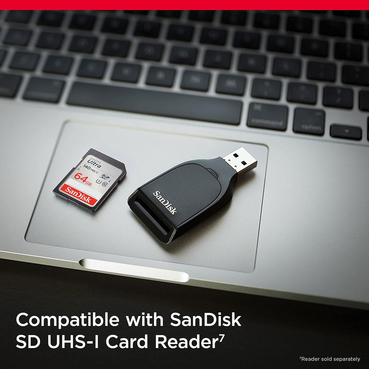 Ultra 64GB SDXC – card beside a SanDisk SD UHS-I card reader on a laptop