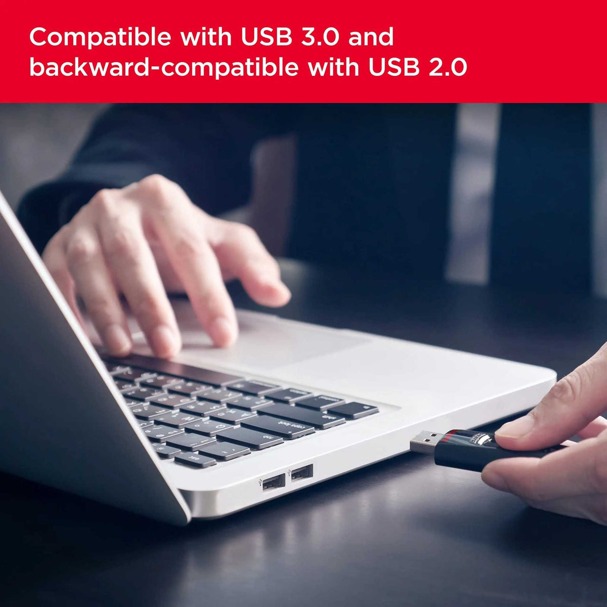 Ultra USB 3.0 flash drive – flash drive plugged into a laptop USB port